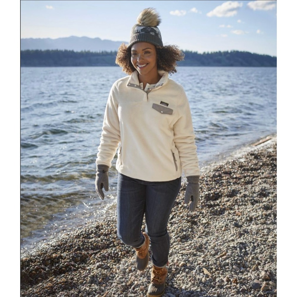 L.L. Bean EUC Hi Pile Fleece 1/4 Snap Pullover Cream Gray Cozy Jacket wmn M